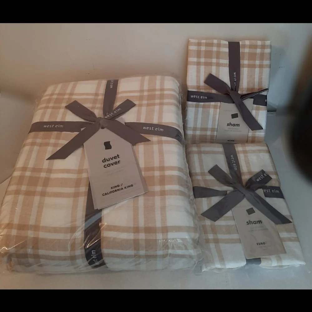 **West Elm Heather Taylor Home Tartan King Duvet Cover & 2 Euro Shams Almond